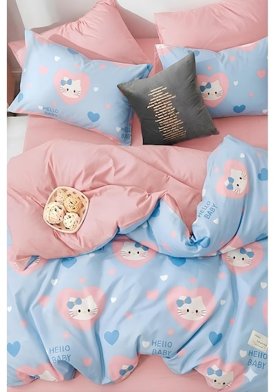 İqon Lastikli Çarşaflı Nevresim Takımı Tek Kişilik Hello Kitty Turkuaz Çok Renkli