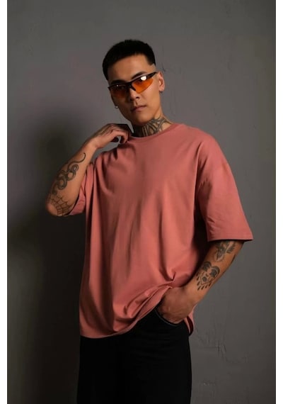 Erkek 24/1 Düz A Kalite Oversize T-shirt - Gül Kurusu Gül Kurusu