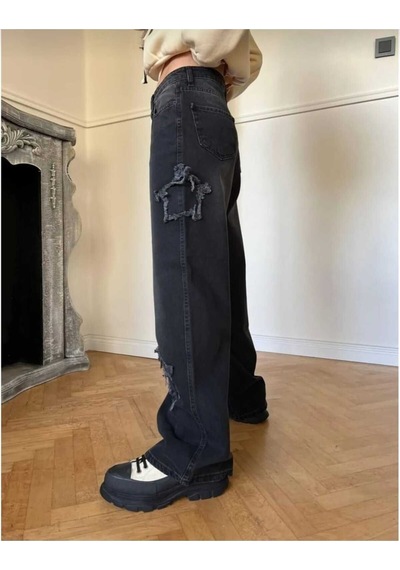 2424 Kadın Yıldız Detaylı Baggy Jeans Kot Denim Pantolon Siyah
