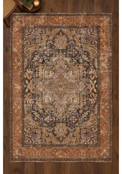 Artloop İstanbul Kahverengi Oryantal Vintage Desenli Dokuma Tabanlı Şönil Halı Al 630 Kahverengi-vintage