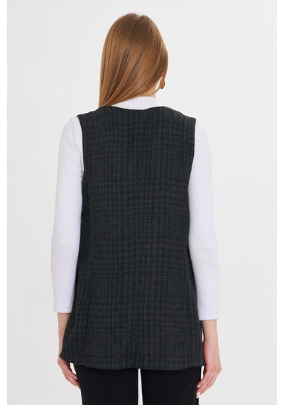 Armonika Kadın Haki V Yaka Tek Düğmeli Oversize Desenli Yelek Arm-25k001110