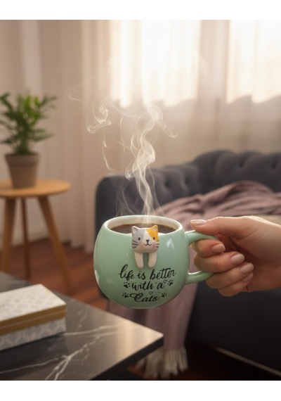 Kedi Figürlü Mug Kupa 420 Ml Yazılı Seramik Kupa Sevimli Cat Mug Hediye Kupa Bardak Mint Yeşili