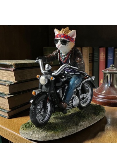 Dekoratif Motorsikletli Kedi Biblo Wise Veronese Poliresin Eğlenceli Figür 14 Cm .