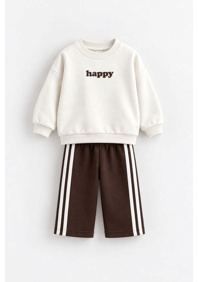 Zuzunga Unisex Çocuk Happy Yazı Baskılı Sweatshirt Ve Şerit Detaylı Bol Paça Eşofman Takımı BEYAZ