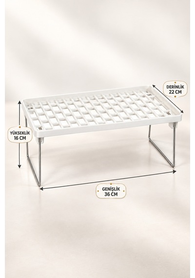 Katlanabilir Metal Ayaklı Dolap İçi Raf Yükseltici 36x22x16 Cm Mutfak Ve Banyo Düzenleyici Organizer Beyaz