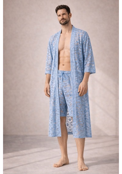 Qmen Style Erkek Güpür Dantel Kimono Takımı 3 Lü Dantel Set Bornoz + Pantolon + Şort Mavi