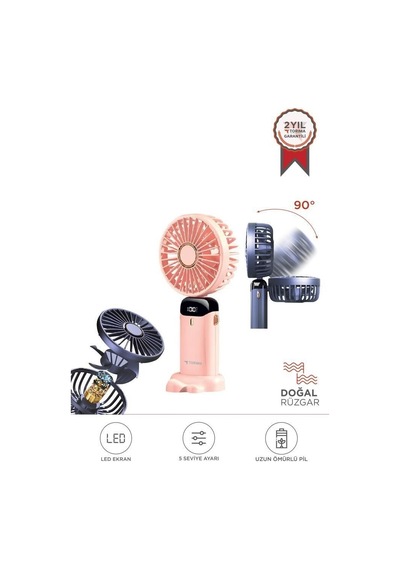 Premium Aksesuar Çözüm Teknolojik F-19 Pembe Dijital Ekranlı Mini Masa Fan Vantilatör