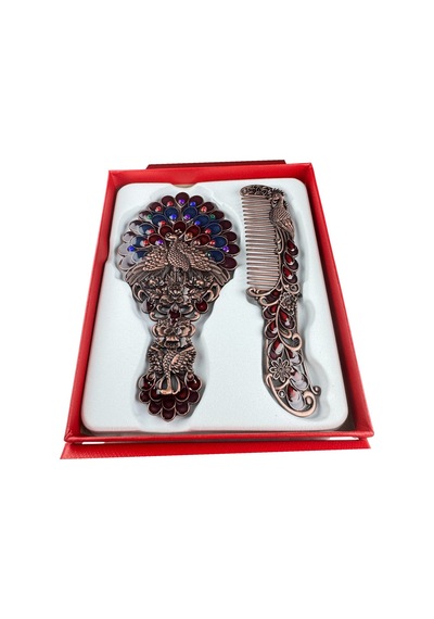 Tavus Kuşu Desenli Vintage Ayna Tarak Seti Özel Tasarım Ve Özel Kutulu 13,5 Cm & 13 Cm Bakır