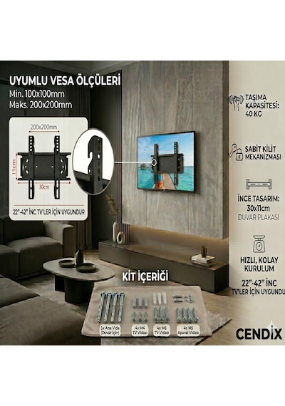 Cendix Cx0tvapr01 Sabit Kilitli Tv Duvar Askı Aparatı 22-42 İnç 30 X11 Cm 40 Kg Taşıma Kapasite