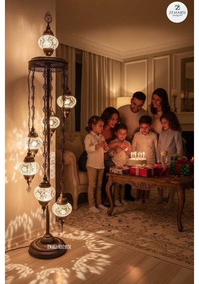 El Yapımı Otantik Mozaik Lambader 7 Li 6+1 Camlı Beyaz - 857622442 Diğer