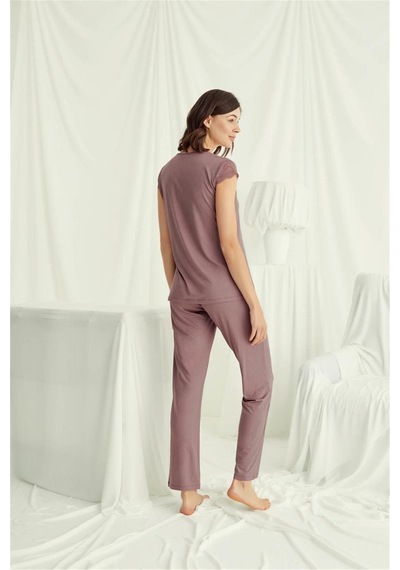 Monamise 18509 Kadın V Yaka Dantelli Düğmeli Kısa Kollu Pijama Takımı-kahve Kahve