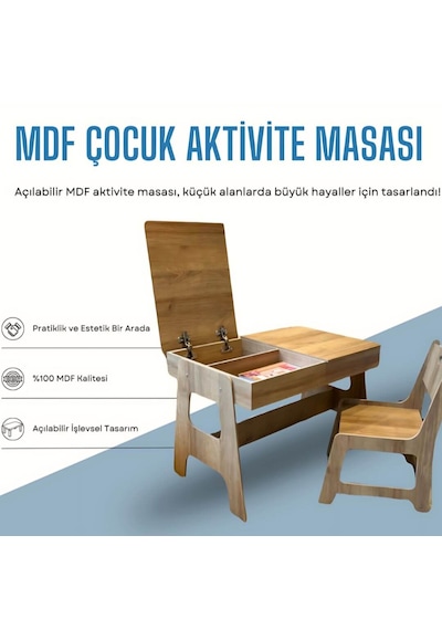 Mdf Çocuk Aktivite Masası Açılabilir Kapaklı 1 Masa + 1 Sandalye