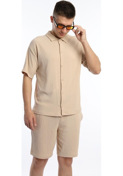 Polo State Erkek Crinkle Kumaş Gömlek - Şort Takım - Bej