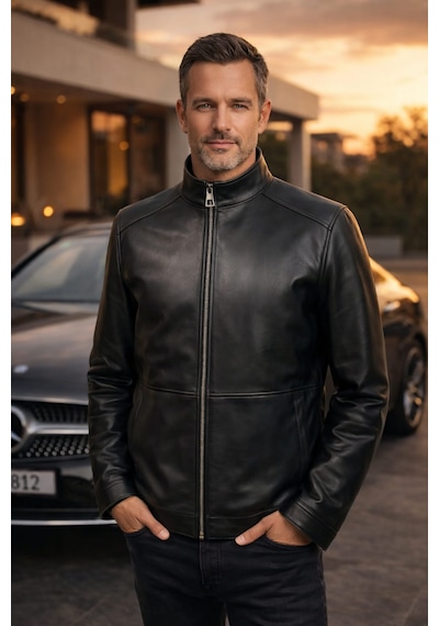 Viamod Leather Erkek Hakiki Deri Ceket Siyah Hakim Yaka Premium Slim Fit Gerçek Deri Mont Üretici Garantili Siyah