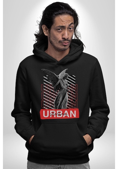 Şehir Sokak Stili Melek Heykeli Kadın Erkek Siyah Kapüşonlu Sweatshirt Hoodie Siyah