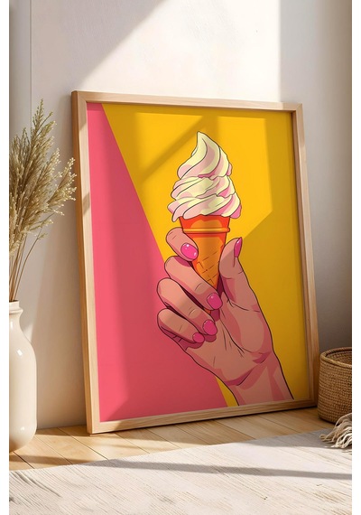 Dondurma Tutan El Yumuşak Dondurma Külah Çerçeveli Tablo - Pop Art Poster Tablo