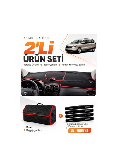 Dacıa Lodgy 2010-2017 Uyumlu Torpido Örtüsü + Deri Bagaj Çantası + Sticker Seti - Siyah Kırmızı