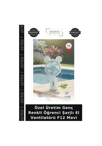 Özel Üretim Genç Renkli Öğrenci Şarjlı El Vantilatörü F12 Mavi