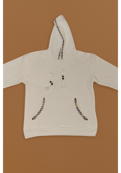 Bigdart Kadın Kapşonlu Şardonlu Nakışlı Üç İplik Beyaz Kadın Sweatshirt Beyaz