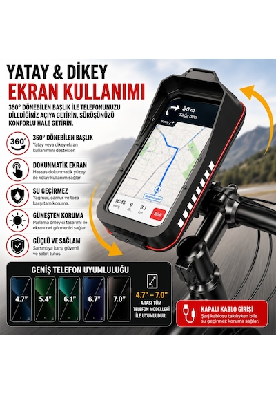 Triline Bisiklet Motosiklet Gidon Telefon Tutucu Çanta Dokunmatik Ekranlı Montaj Aparatı Su Geçirmez Siyah