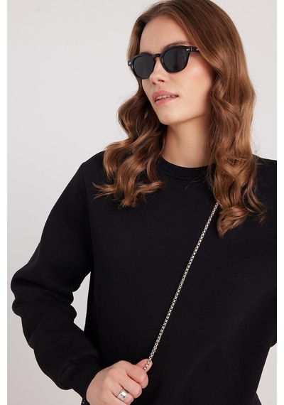 Tudors Kadın Oversize Geniş Kesim Pamuklu 3 İplik İçi Polarlı Basic Siyah Bisiklet Yaka Sweatshirt-37917 SiYAH