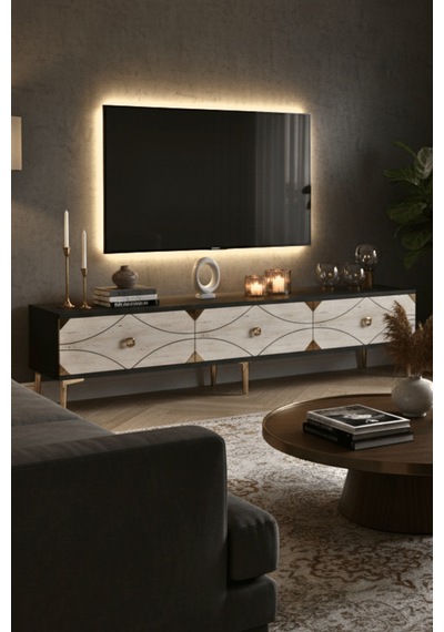 Tsa1897atg - Alfa Tsa180 Tv Stand, Tv Sehpası Ve Tv Ünitesi Antrasit - Traverten - Gold 180cm