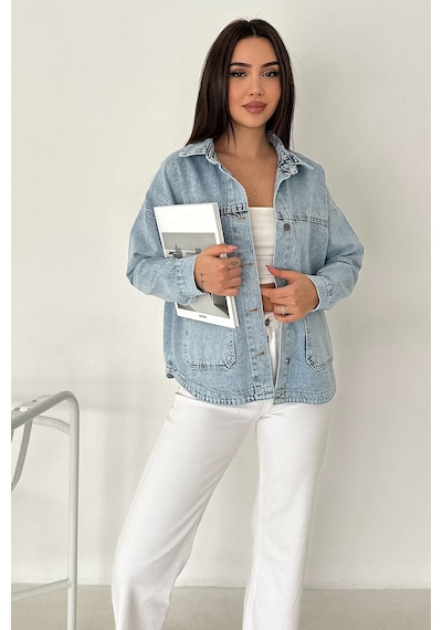 Kadın Cepli Düğmeli Denim Ceket Light Frame mavi