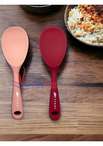 Sert Uçlu Isıya Dayanıklı Yanmaz Yapışmaz Silikon Kaşık 2&apos Li Set, 22 Cm, Somon-fuşya