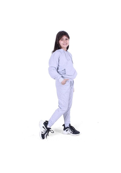 Fyk Kids Kapüşonlu Kanguru Cepli Düz Desen Kız Çocuk Alt-üst Takım Gri