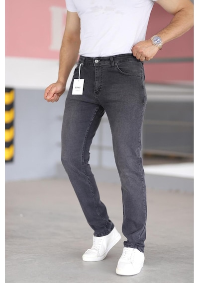 Bürke Premium Erkek Antrasit Renk Regular Fit Rahat Kesim Esnek Likralı Denim Jeans Kot Pantolon