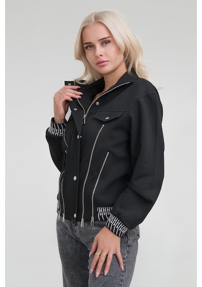 Bold & Young Kadın Viskon Polyester Likralı Kumaş Fermuar Aksesuarlı Kaşkorseli Cepli Ceket Siyah