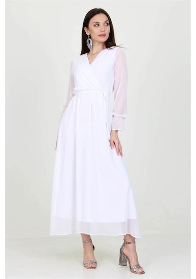 Dip Moda Kadın Kuşaklı Astarlı Uzun Şifon Elbise Dpnb003 BEYAZ Dip Moda Kadın Kuşaklı Astarlı Uzun Şifon Elbise Dpnb003 BEYAZ