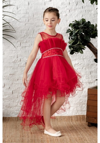 Mnk Baby & Kids Uzun Kuyruk Tütülü Askılı Kız Filira Elbise Mnk0584 Kırmızı