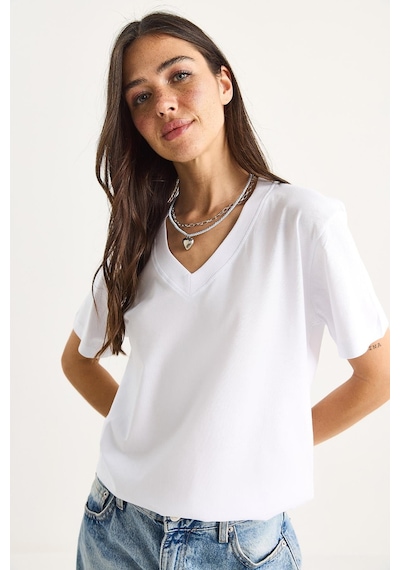 Shade Pamuk Derin V Yakalı Comfort Fit T-shirt 60602066 - Beyaz L