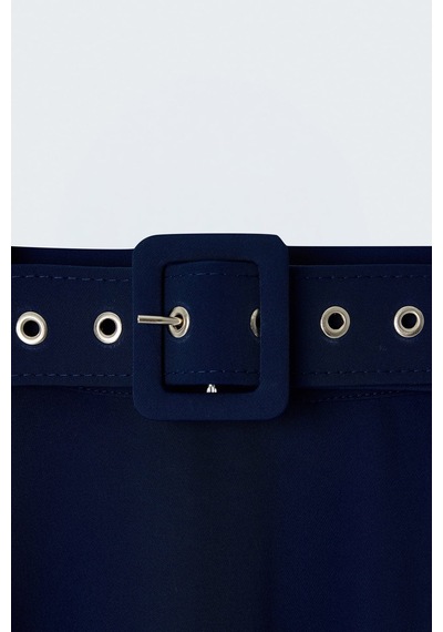 Sateen Kemerli Yırtmaç Detaylı Kloş Etek - Lacivert-137418