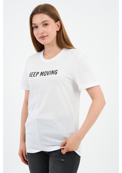 Baskılı Bisiklet Yaka Pamuklu T-shirt Beyaz