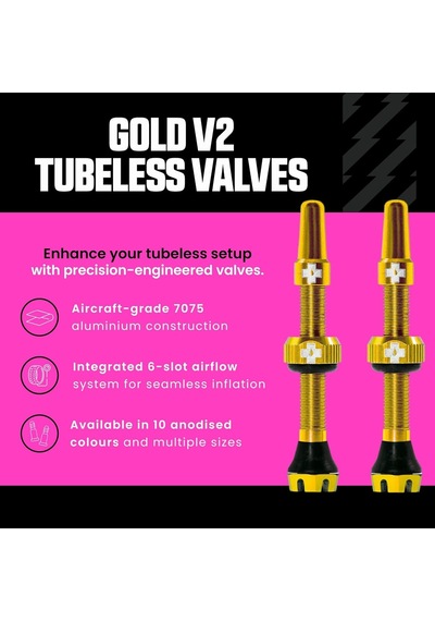 Muc-off Tubeless Valves V2, Gold 44mm - Tubeless Valf, Tüpsüz Lastikler İçin Valf Çekirdeği Sökme Aleti İle Gövde Çok Renkli