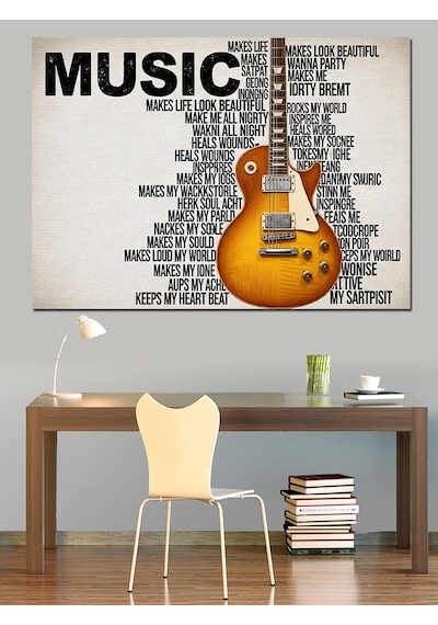Müzik Yazılarıyla Çevrili Gitar Çizimi Dekoratif Kanvas - Mdf Ahşap Tablo