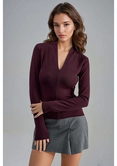 Hiccup Busem Slim Fit V Yaka Uzun Kollu Bluz Leylak Moru