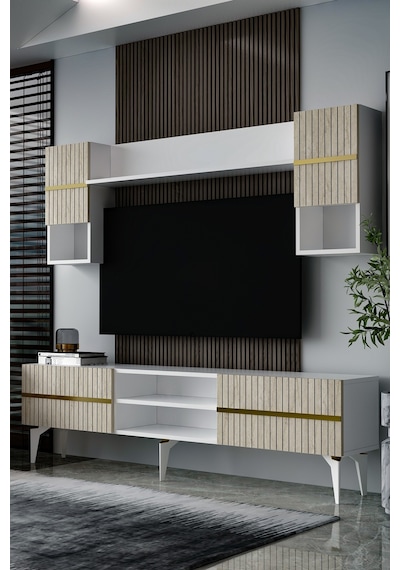 180dhdtür5bta Tedy Lazer Pleksi Desenli Raflı Tv Ünitesi Takımı Beyaz-traverten-altın 180dhdtür5bta Tedy Lazer Pleksi Desenli Raflı Tv Ünitesi Takımı Beyaz-traverten-altın
