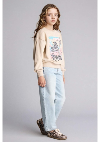 Defacto Kız Çocuk Relax Fit Bisiklet Yaka Baskılı Sweatshirt E6843a825wnbg187 Bej-bg187