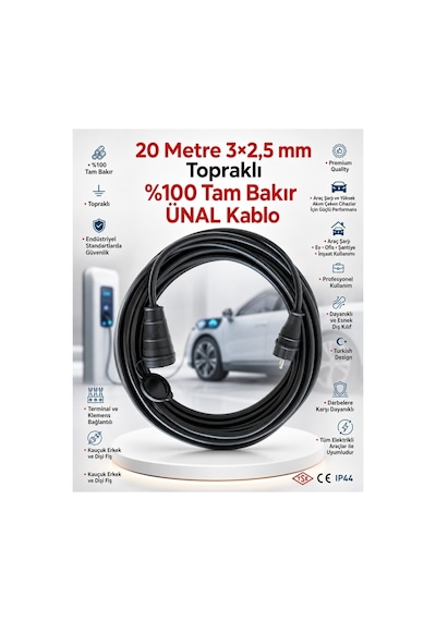 Ünal Kablo Elektrikli Araç Şarj Uzatma Kablosu 20 Metre 3x2,5 Mm² %100 Saf Bakır Kauçuk Erkek-dişi Fişli Tse Ce Belgeli 20 M