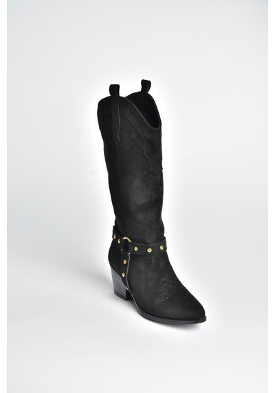Fox Shoes V820320302 Siyah Süet Kalın Topuklu Kadın Çizme Siyah