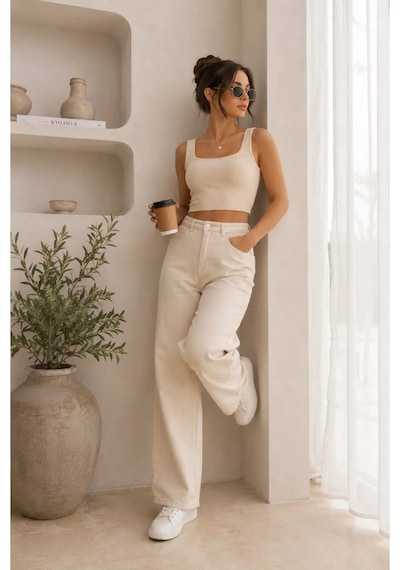 Layal My Beauty Melody Kadın Jeans Wide Leg Rahat Yüksek Bel Salaş Bol Paça Jean Palazzo Denim Kot Pantolon Krem
