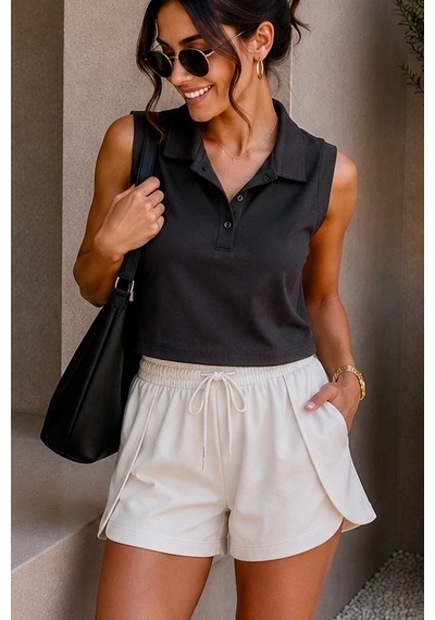 Bbbutikbasic Polo Yaka Kolsuz Crop Bluz My3535 siyah