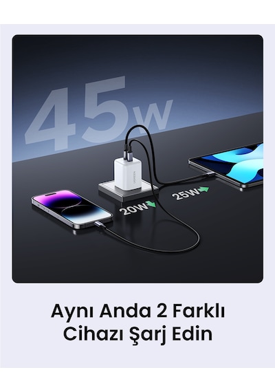 Ugreen 45w Gan Hızlı Şarj Cihazı Type-c Qc Pd 2xusb-c, Beyaz, 65154
