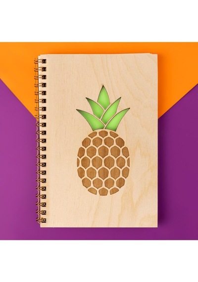 Ananas Tasarımlı Ahşap Kapaklı Defter 18 Cm X 12 Cm 48 Yaprak Not Defteri 103 Ivory