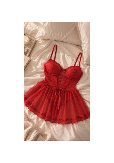 Loveria Kırmızı Dantel Detaylı Tül Etekli Desteksiz Babydoll Kırmızı Kırmızı