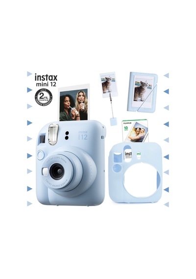 Fujifilm Instax Mini 12 Fotoğraf Makinesi + 10'lu Film + Kıskaçlı Stand + Mini Albüm + Silikon Kılıf Seti Mavi