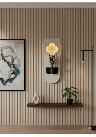 Papatya Ahşap Pilli Ledli İskandinav Tarzı Salon Duvar Rafı Modern Çiçeklik 30 X 80 Cm Paris Grisi - Antrasit